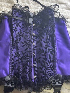 Purple Satin Lace-Trim Corset Waist Cincher
